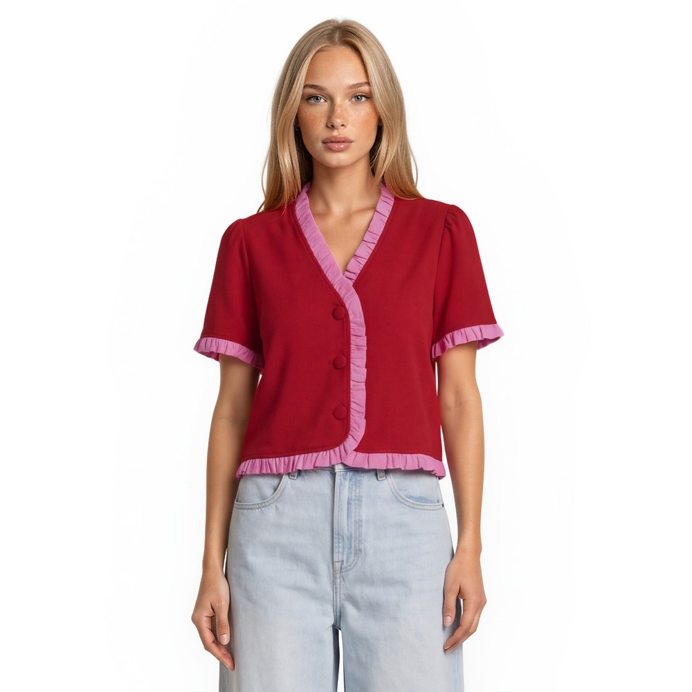 Entro Top Red Pink Ruffle Blouse Women's Size Large Button Cropped V-Neck